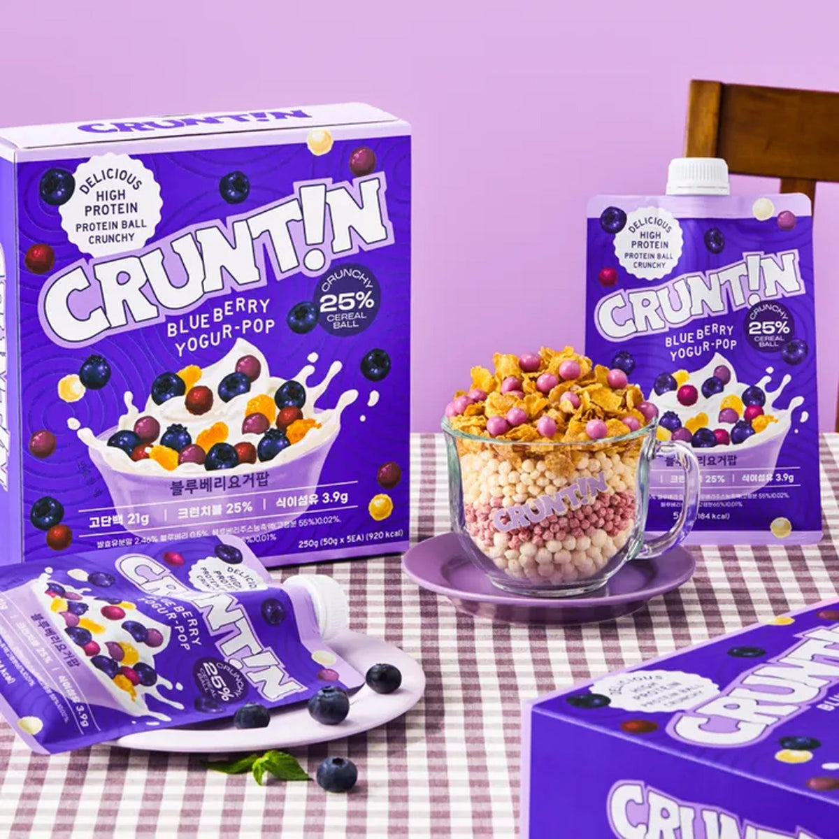 CRUNTIN Crunch Ball Protein Shake Blueberry Yogur-Pop (1 Box 50g / 5 Pouches)