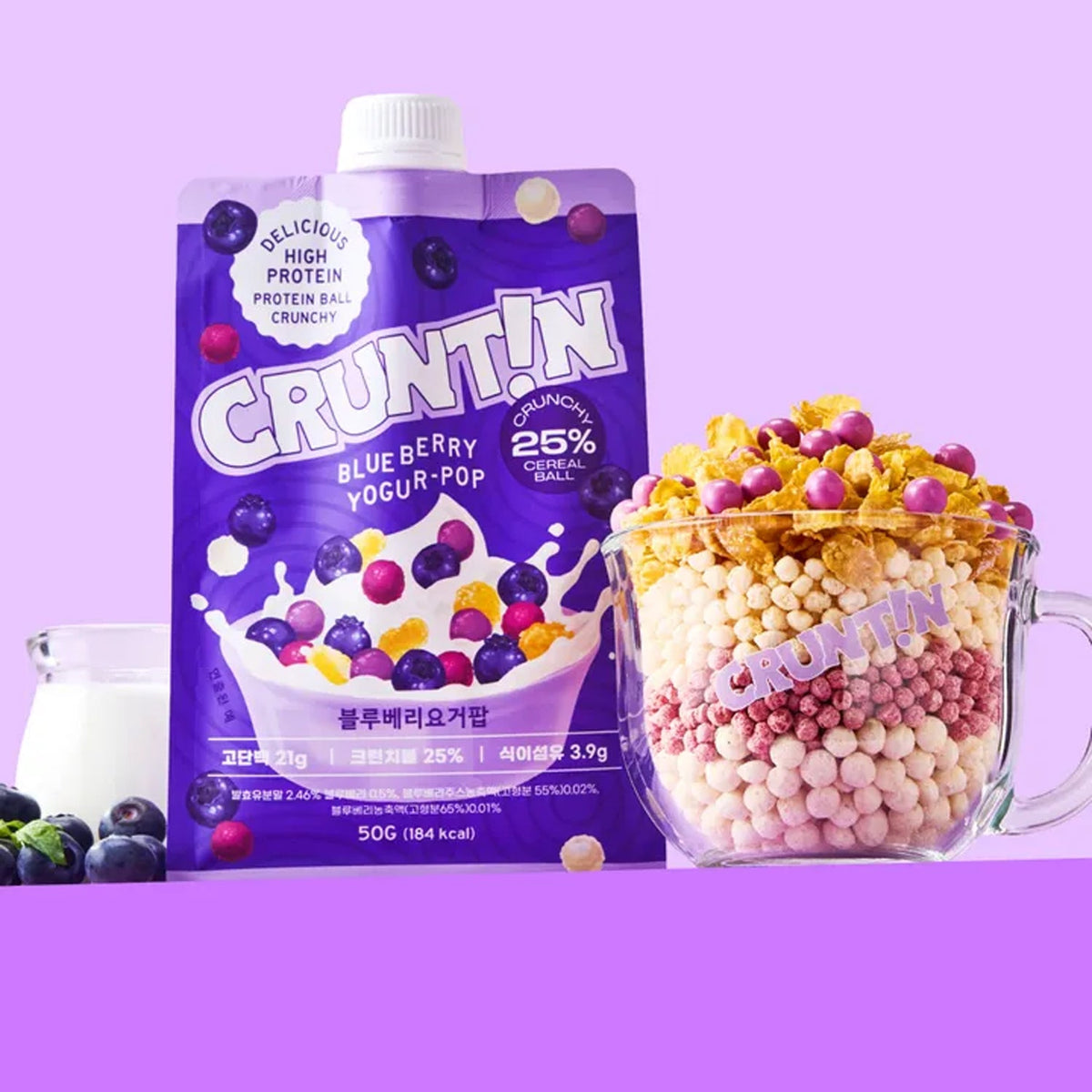 CRUNTIN Crunch Ball Protein Shake Blueberry Yogur-Pop (1 Box 50g / 5 Pouches)