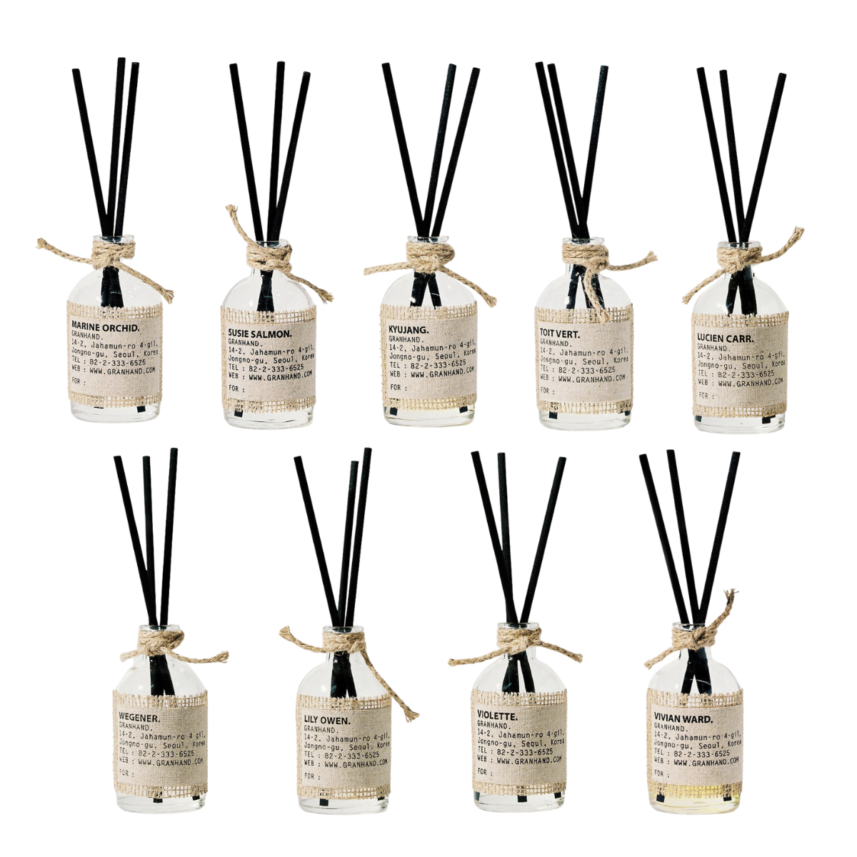 GRANHAND. Diffuser Set 150ml (9 Types) (Diffuser +  glass bottle + 5 reeds)